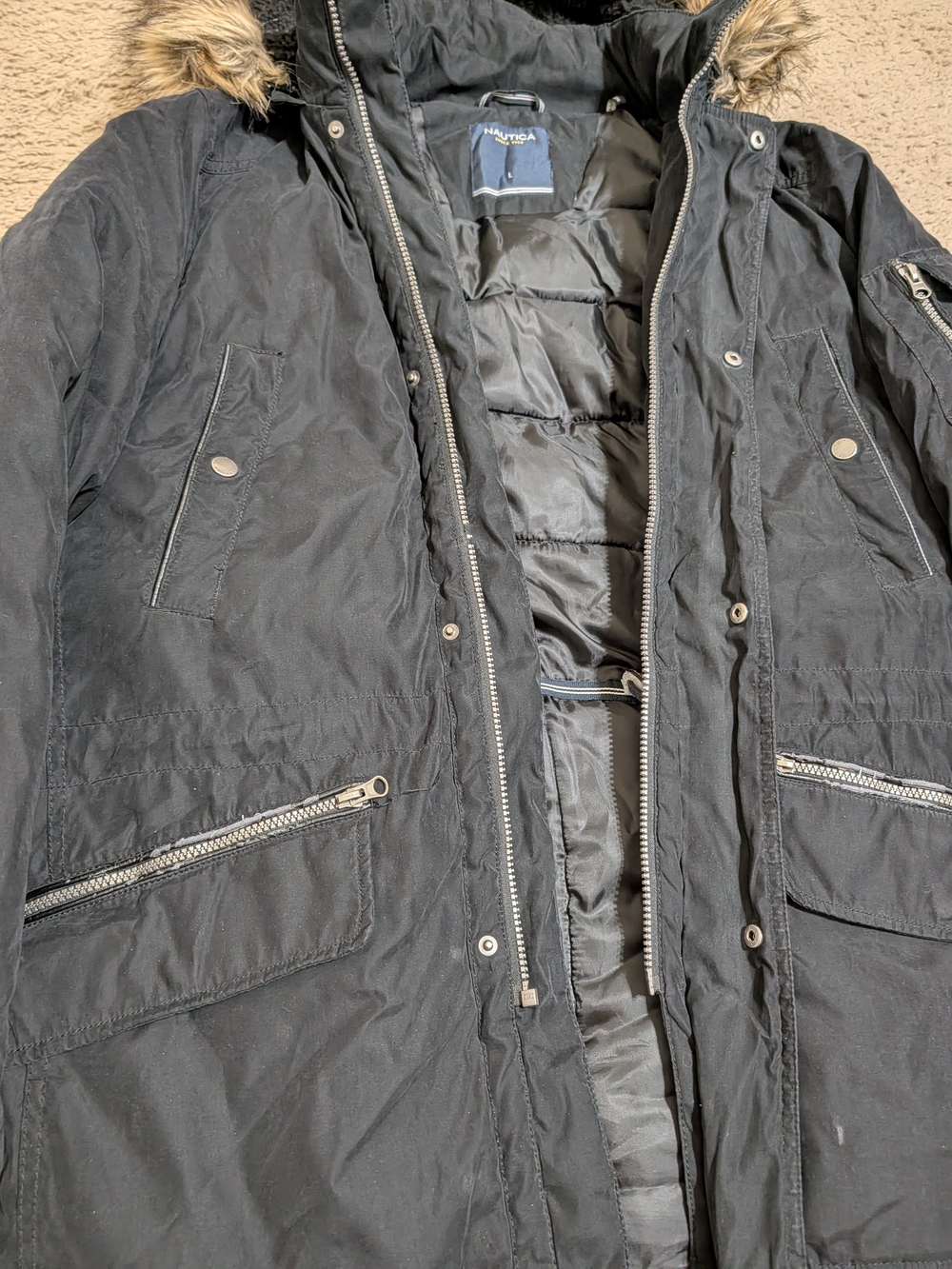 Nautica Men's Winter Large Black Hooded Jacket Puffer Parka with Faux Fur Trim - Picture 3 of 10